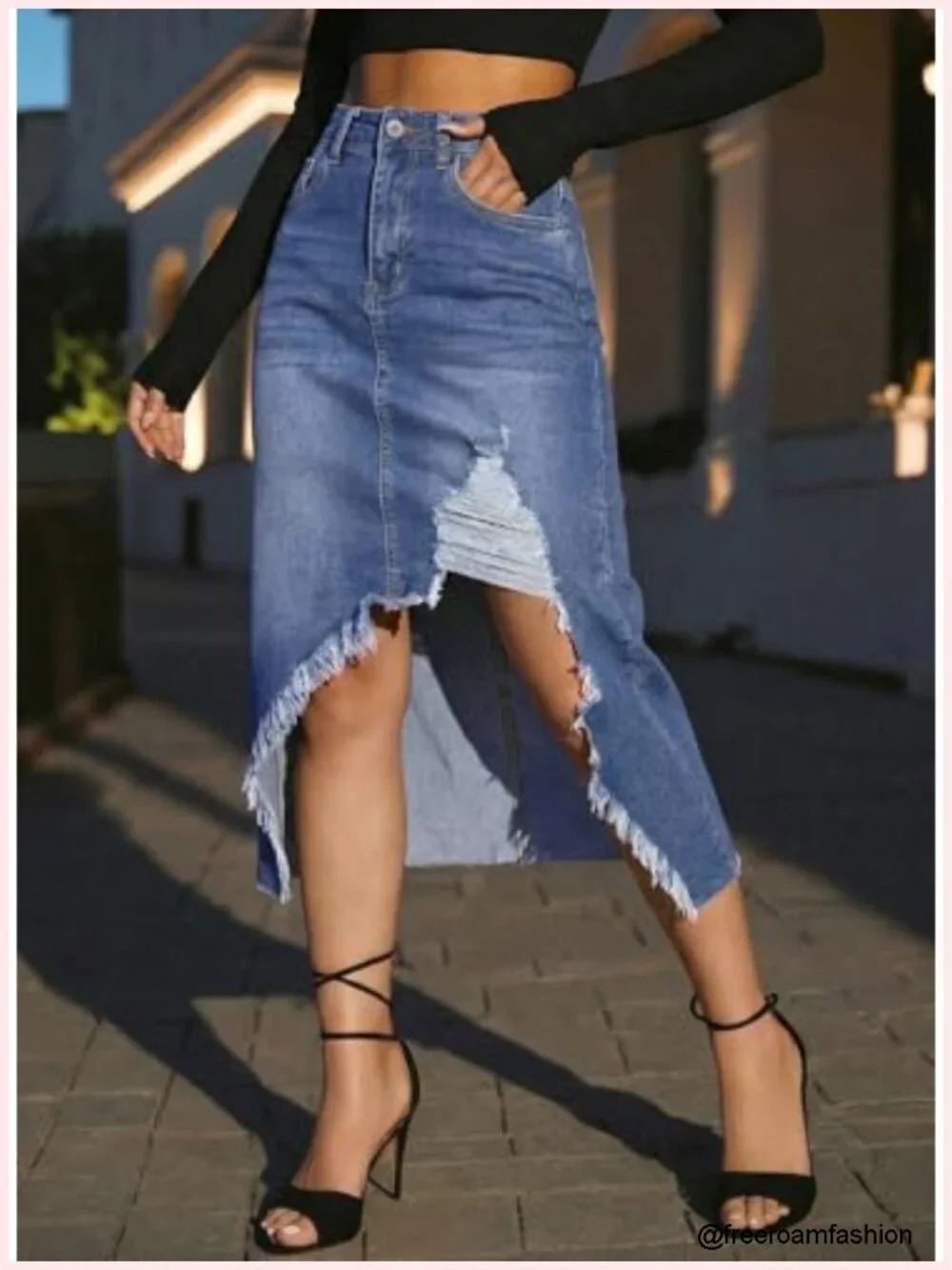 High Waisted Denim Skirt Distressed Button Front Midi Jean Skirt